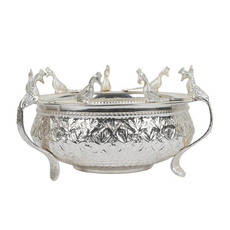 Handcrafted Traditional Silver-Plated Brass Urli Bowl | Creative Peacock Motif Flower Pot