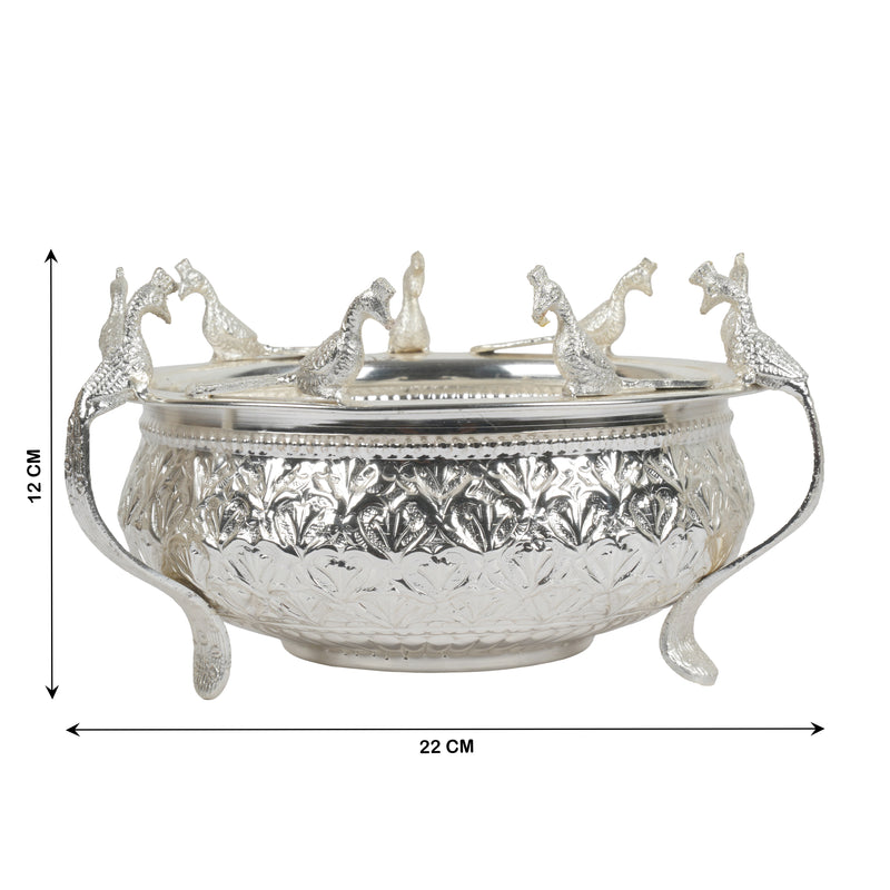 Handcrafted Traditional Silver-Plated Brass Urli Bowl | Creative Peacock Motif Flower Pot