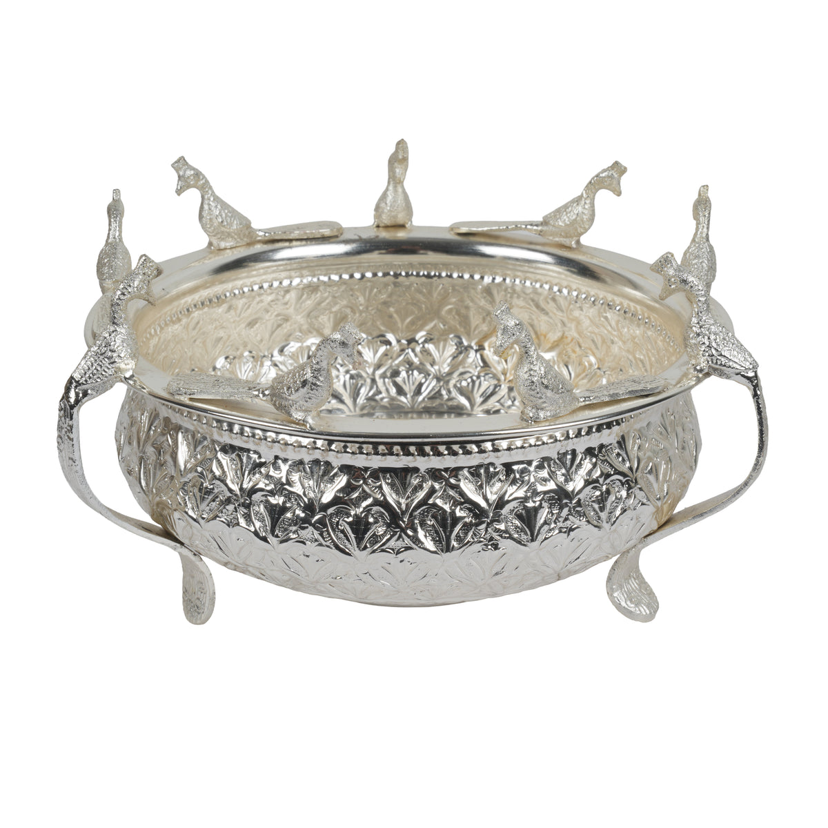 Handcrafted Traditional Silver-Plated Brass Urli Bowl | Creative Peacock Motif Flower Pot