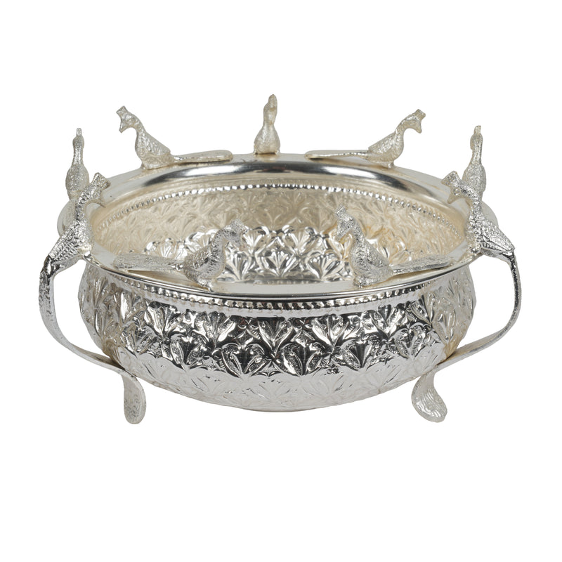 Handcrafted Traditional Silver-Plated Brass Urli Bowl | Creative Peacock Motif Flower Pot