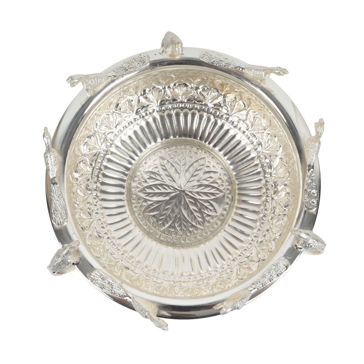 Handcrafted Traditional Silver-Plated Brass Urli Bowl | Creative Peacock Motif Flower Pot