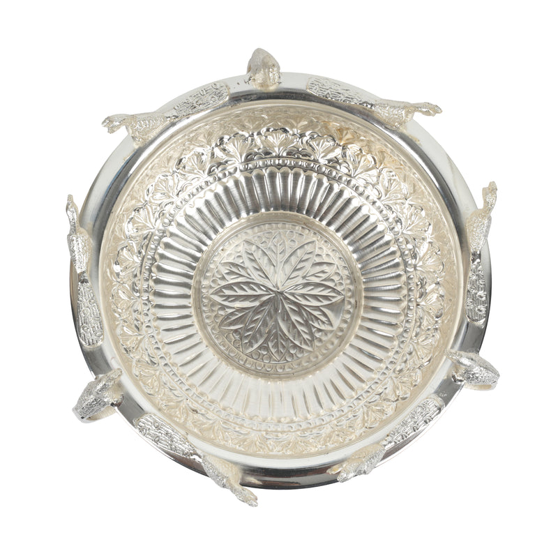 Handcrafted Traditional Silver-Plated Brass Urli Bowl | Creative Peacock Motif Flower Pot