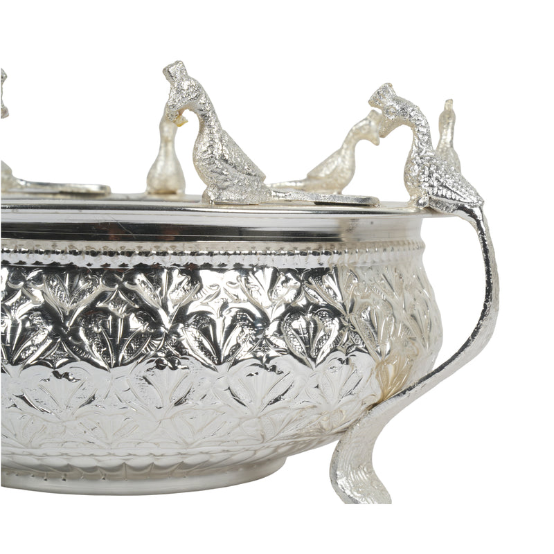 Handcrafted Traditional Silver-Plated Brass Urli Bowl | Creative Peacock Motif Flower Pot