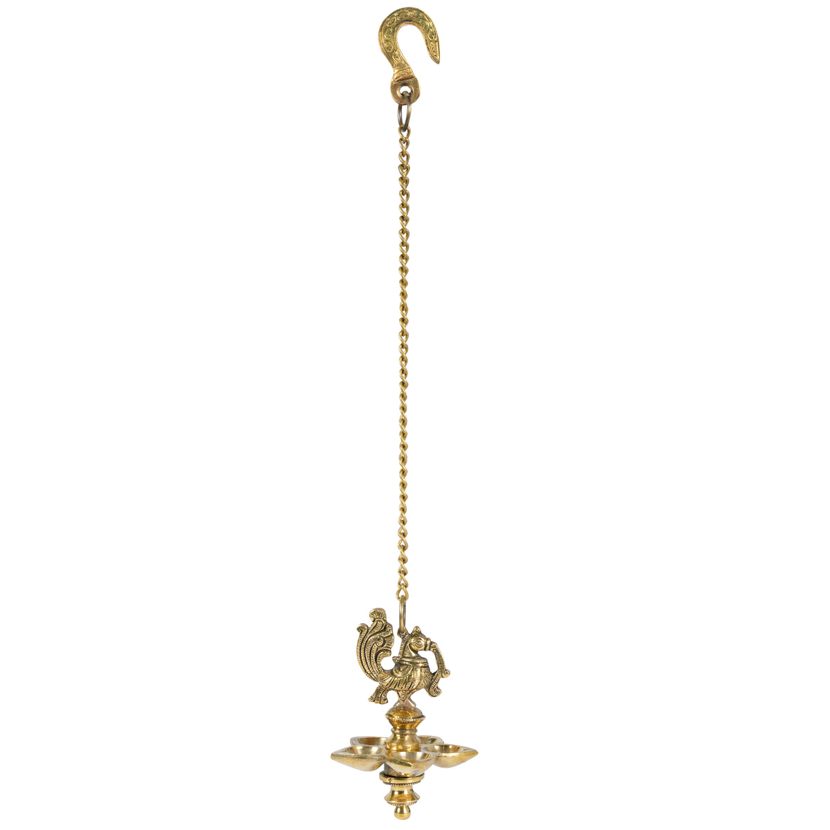 Brass Hanging Oil Lamp with Peacock Motif
