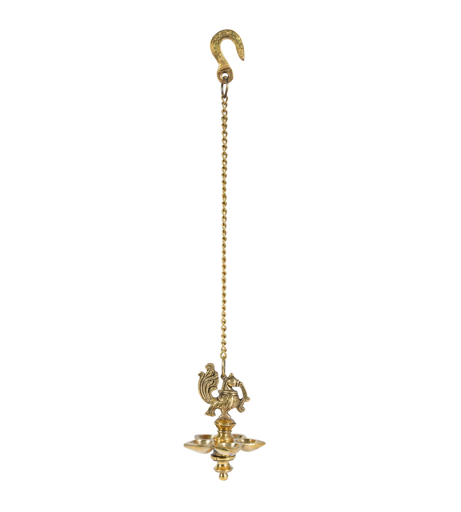 Brass Hanging Oil Lamp with Peacock Motif