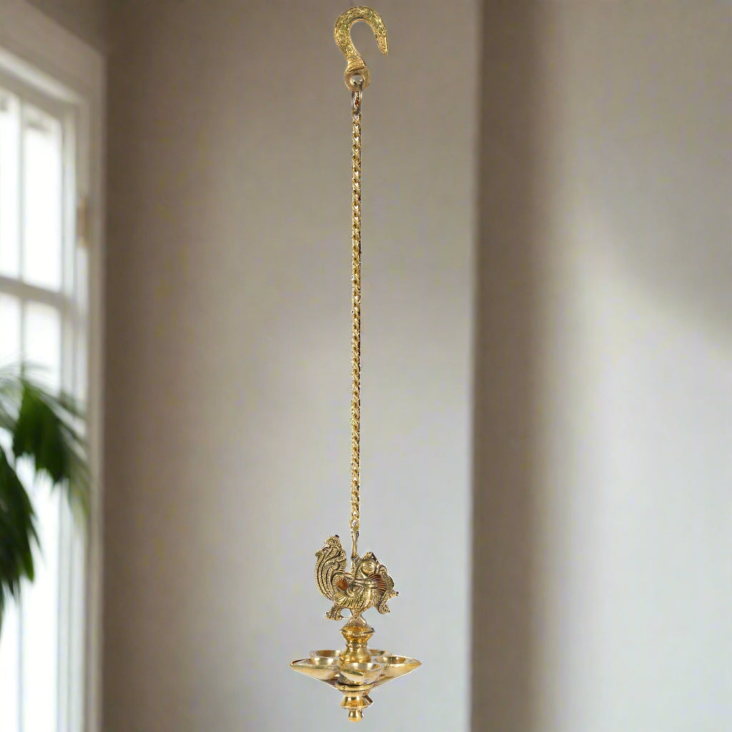 Brass Hanging Oil Lamp with Peacock Motif