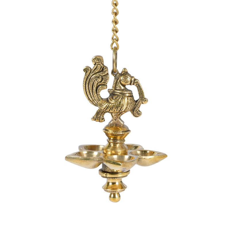 Brass Hanging Oil Lamp with Peacock Motif