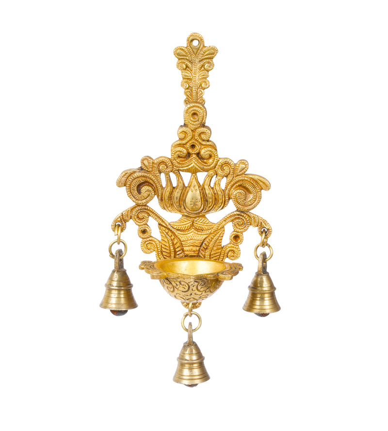 Melody of Light: Handcrafted Brass Hanging Deepam (Oil Lamp) with Bells