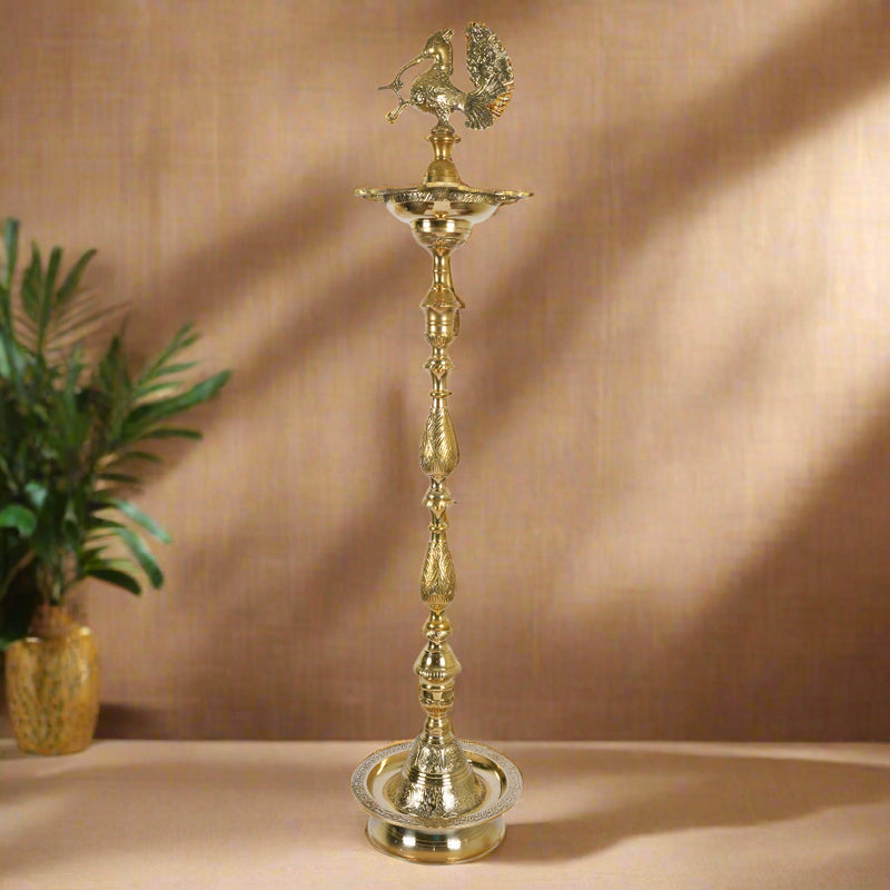 Mayur Deepak: Handcrafted Brass Peacock Standing Oil Lamp