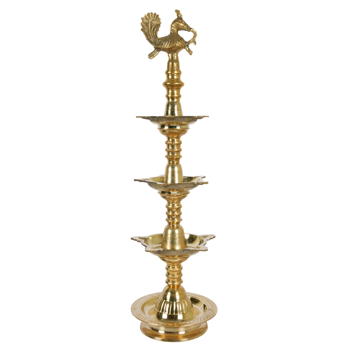 Magnificent Light: Handcrafted Brass Three-Tiered Peacock Oil Lamp