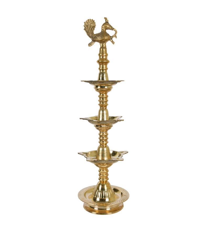 Magnificent Light: Handcrafted Brass Three-Tiered Peacock Oil Lamp