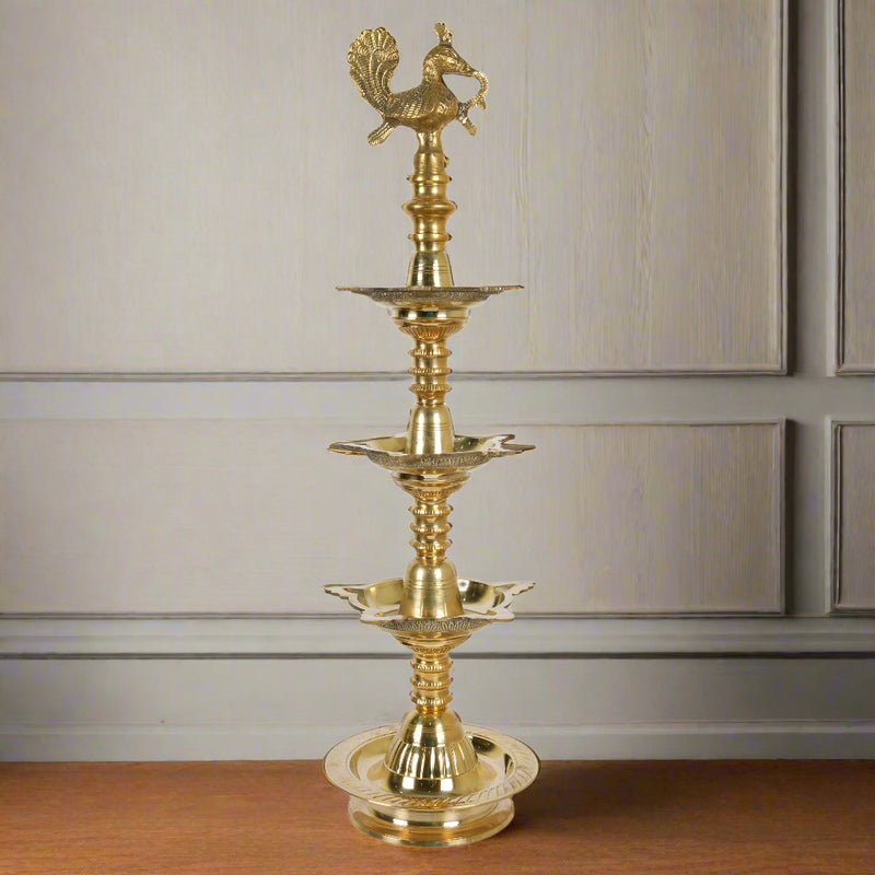 Magnificent Light: Handcrafted Brass Three-Tiered Peacock Oil Lamp
