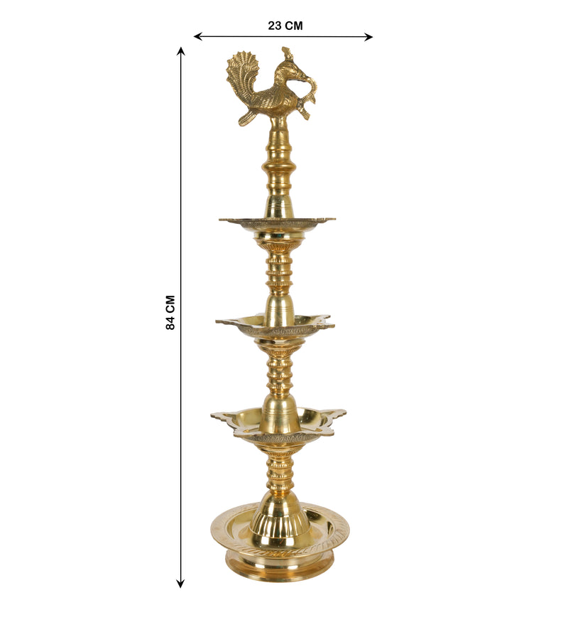 Magnificent Light: Handcrafted Brass Three-Tiered Peacock Oil Lamp