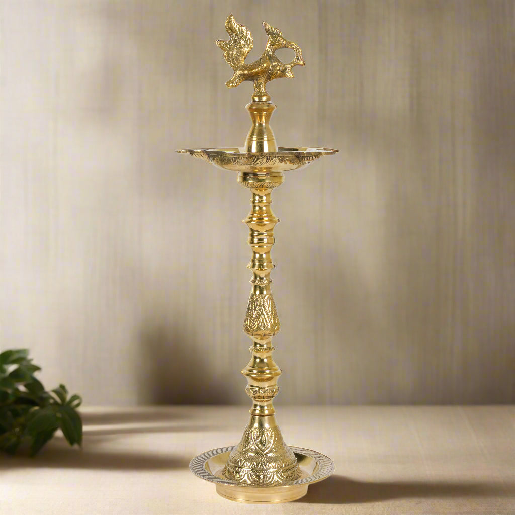 Handcrafted Brass Peacock Vilakku: The Traditional Five-Spout Oil Lamp