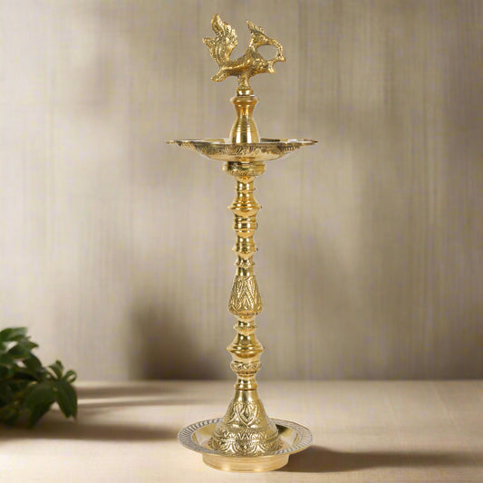 Handcrafted Brass Peacock Vilakku: The Traditional Five-Spout Oil Lamp
