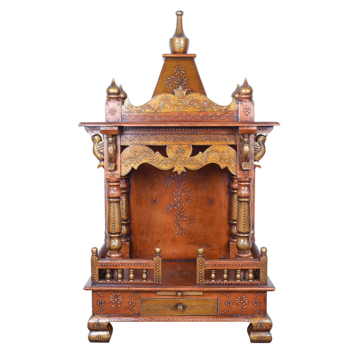 Hand-Carved Wooden Mandir Temple with Copper Finish