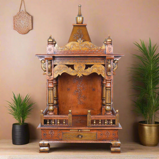 Hand-Carved Wooden Mandir Temple with Copper Finish