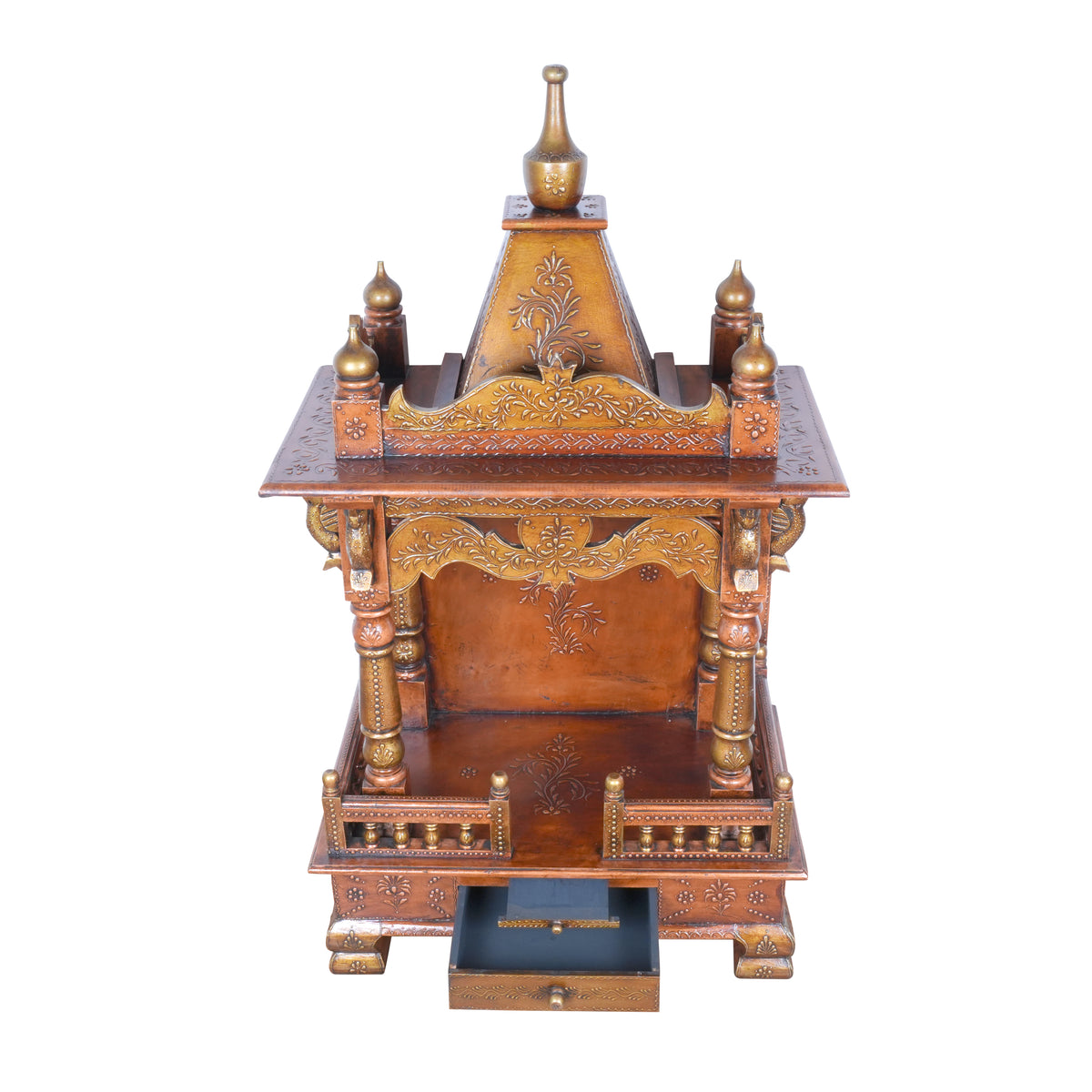 Hand-Carved Wooden Mandir Temple with Copper Finish