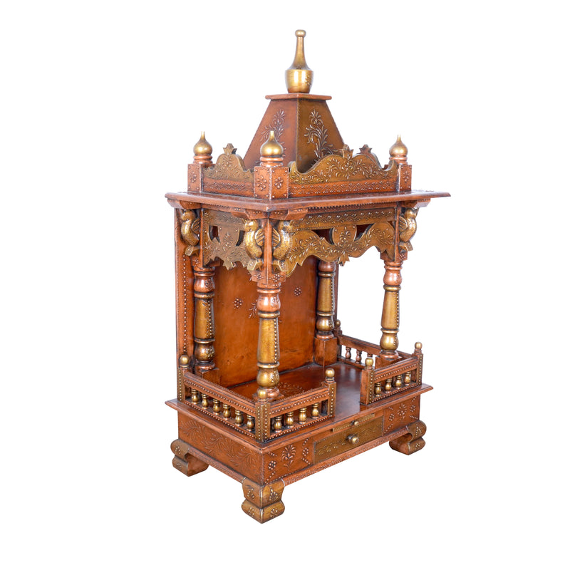 Hand-Carved Wooden Mandir Temple with Copper Finish