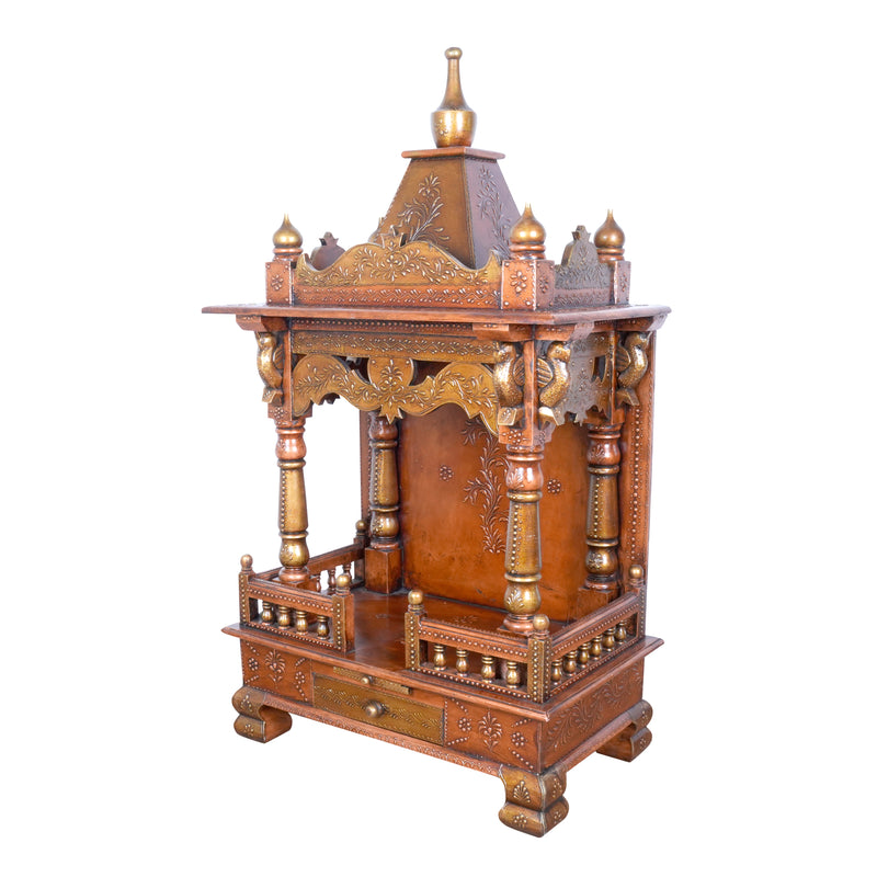 Hand-Carved Wooden Mandir Temple with Copper Finish