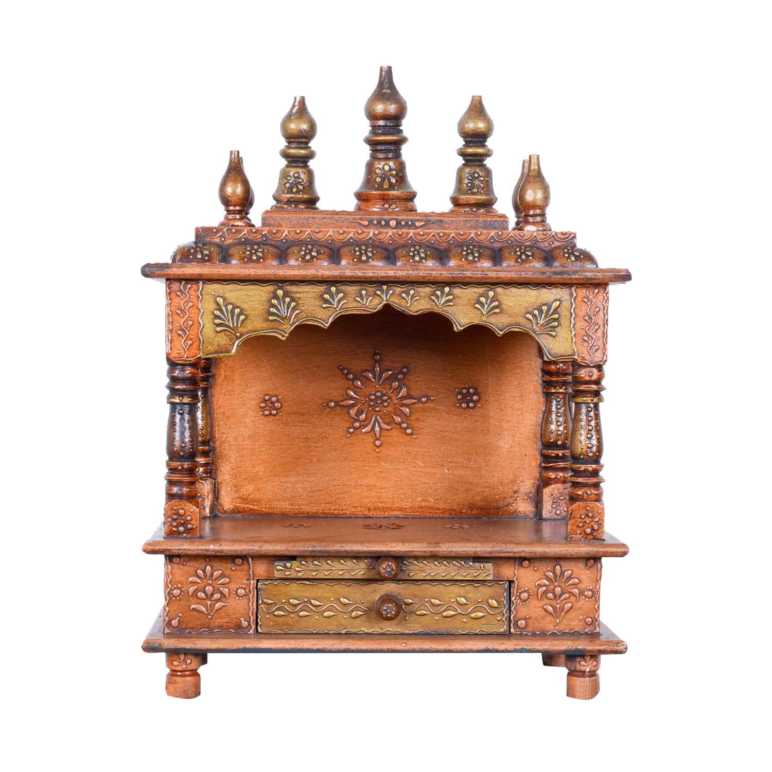Hand-Carved Wooden Wall-Mounted Temple with Copper Finish