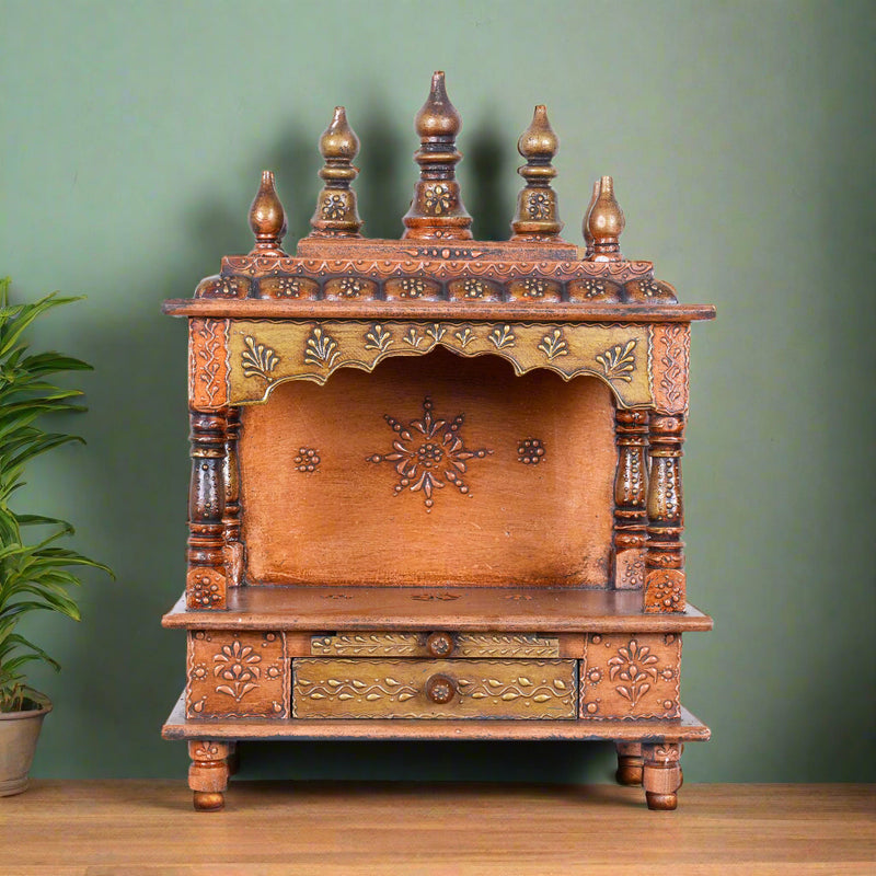 Hand-Carved Wooden Wall-Mounted Temple with Copper Finish