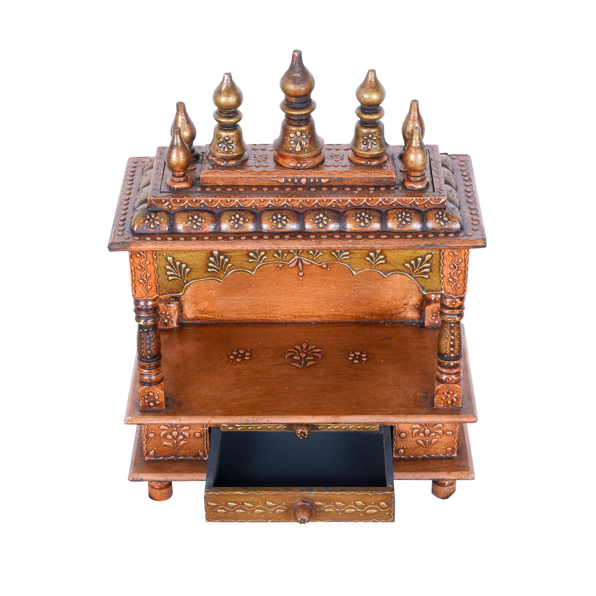 Hand-Carved Wooden Wall-Mounted Temple with Copper Finish