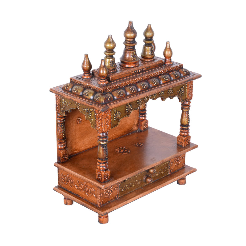 Hand-Carved Wooden Wall-Mounted Temple with Copper Finish