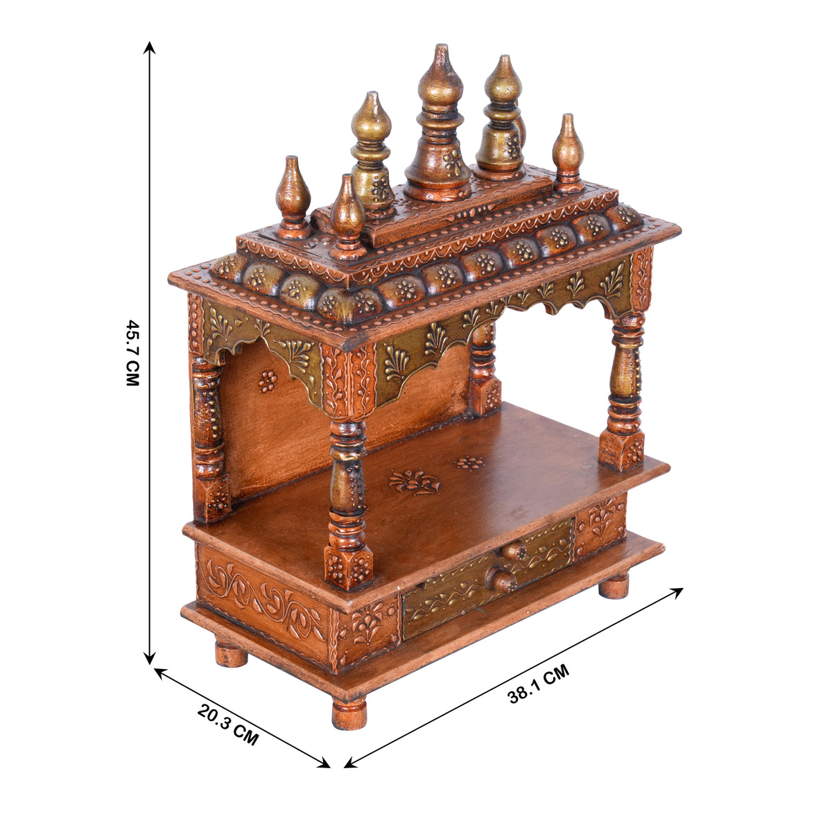 Hand-Carved Wooden Wall-Mounted Temple with Copper Finish
