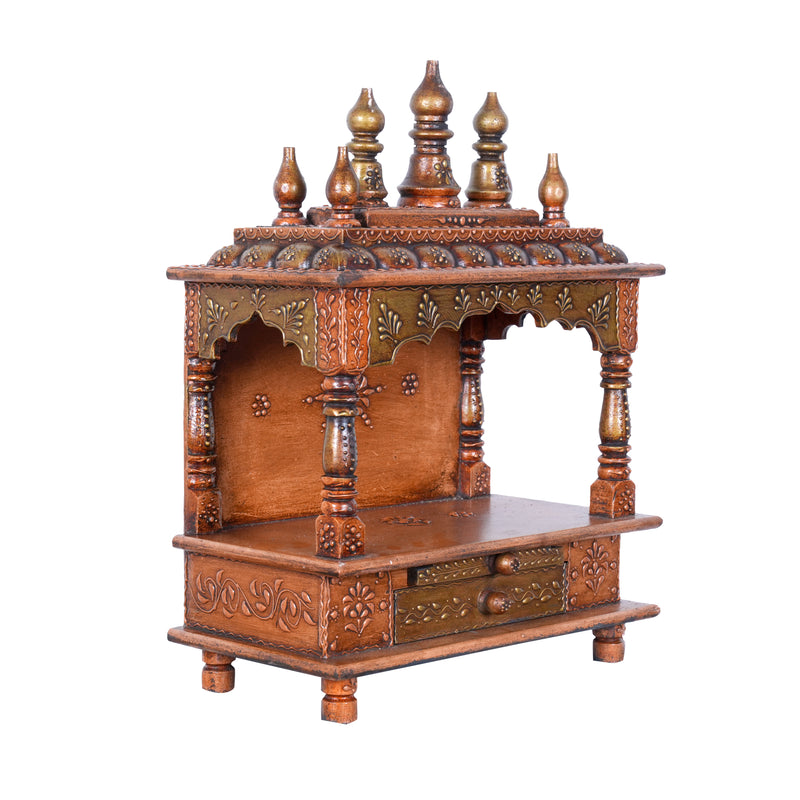Hand-Carved Wooden Wall-Mounted Temple with Copper Finish