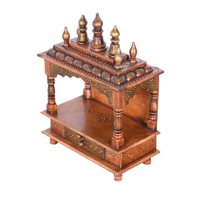 Hand-Carved Wooden Wall-Mounted Temple with Copper Finish