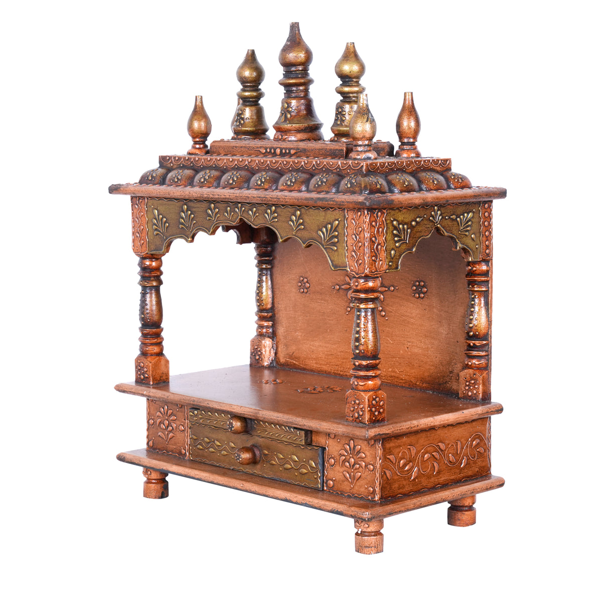 Hand-Carved Wooden Wall-Mounted Temple with Copper Finish