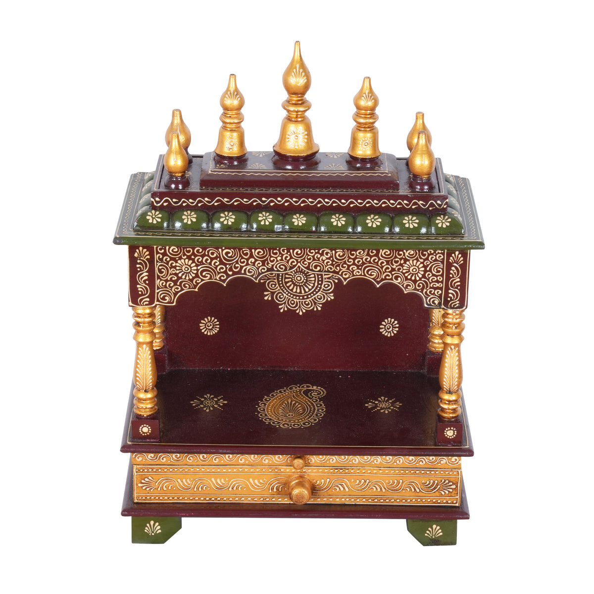 Wooden Embossed Mandir with Gold-Tone Finish