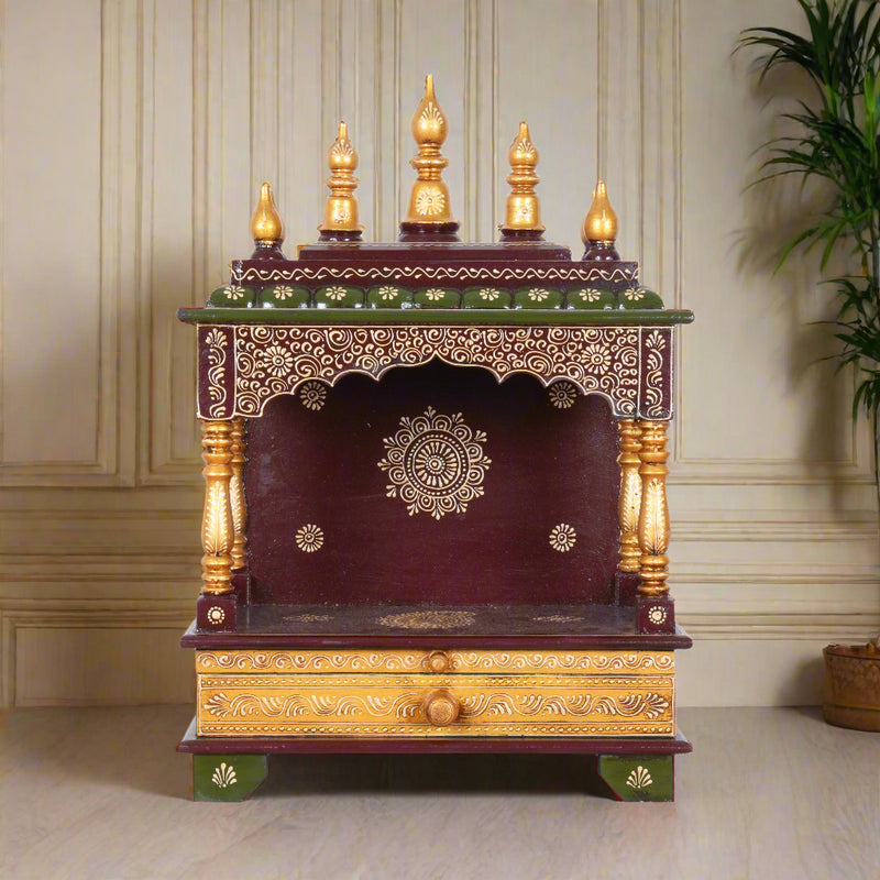 Wooden Embossed Mandir with Gold-Tone Finish