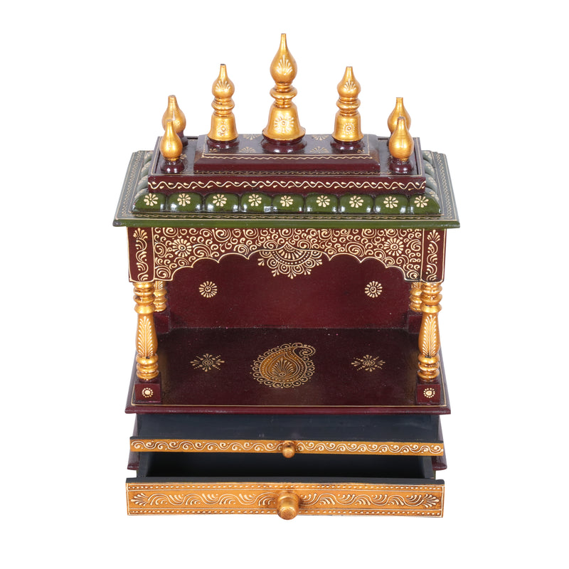 Wooden Embossed Mandir with Gold-Tone Finish