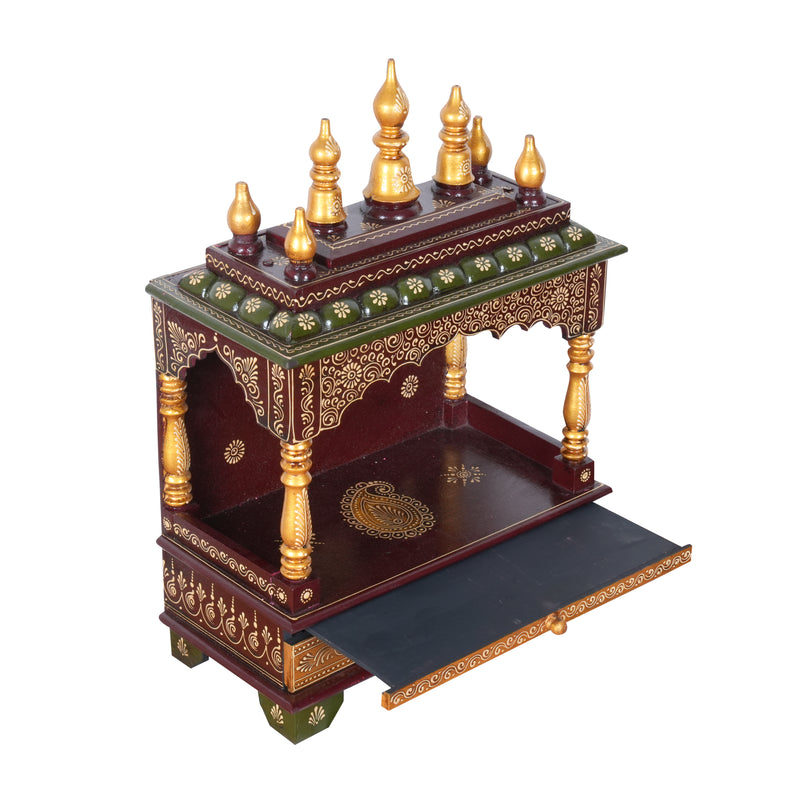 Wooden Embossed Mandir with Gold-Tone Finish