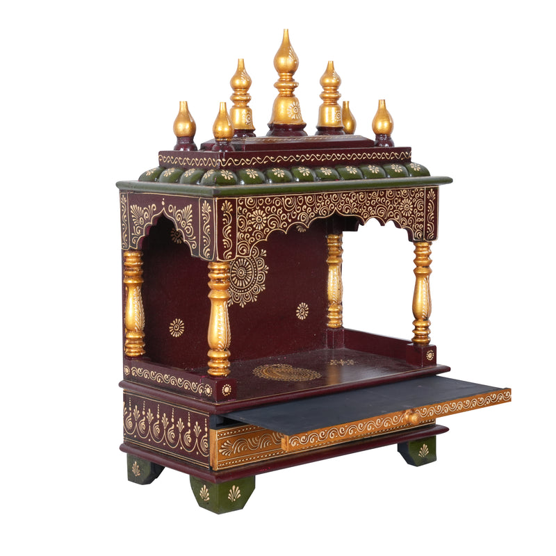 Wooden Embossed Mandir with Gold-Tone Finish