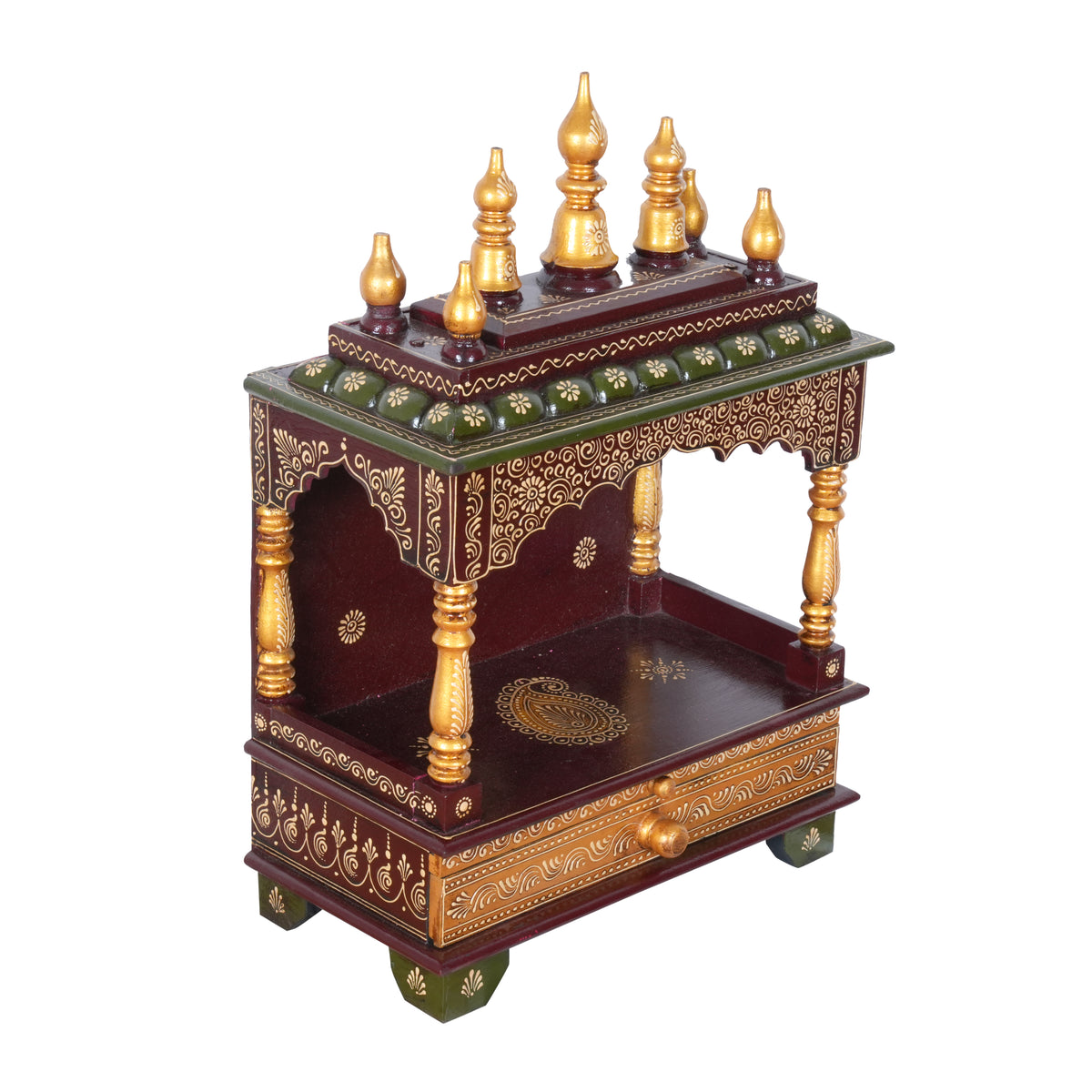 Wooden Embossed Mandir with Gold-Tone Finish