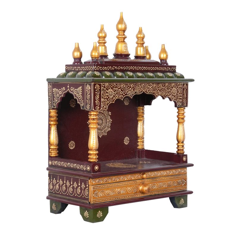Wooden Embossed Mandir with Gold-Tone Finish