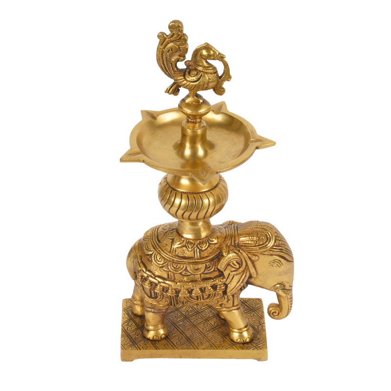 Handcrafted Traditional Brass Elephant Diya | 5-Wick Peacock Finial Altar Lamp