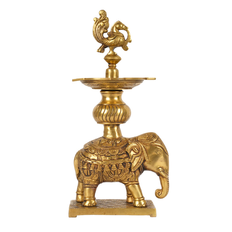 Handcrafted Traditional Brass Elephant Diya | 5-Wick Peacock Finial Altar Lamp