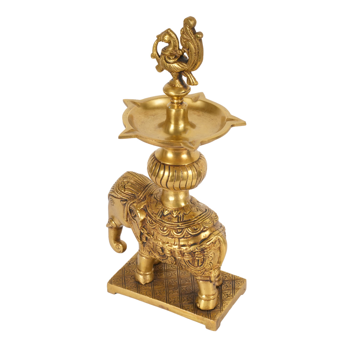 Handcrafted Traditional Brass Elephant Diya | 5-Wick Peacock Finial Altar Lamp