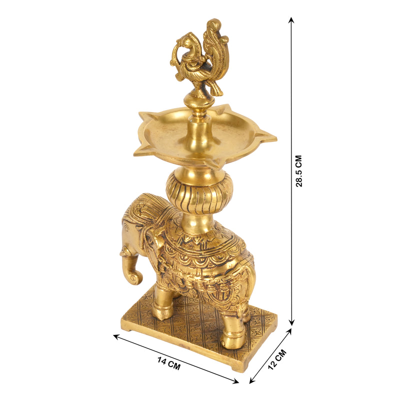 Handcrafted Traditional Brass Elephant Diya | 5-Wick Peacock Finial Altar Lamp
