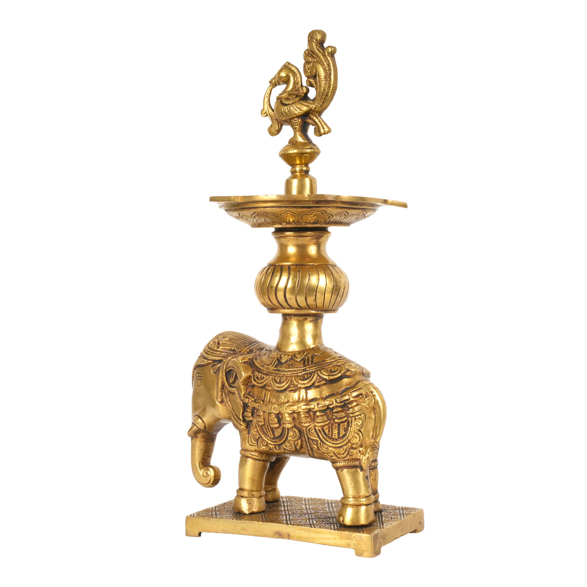 Handcrafted Traditional Brass Elephant Diya | 5-Wick Peacock Finial Altar Lamp