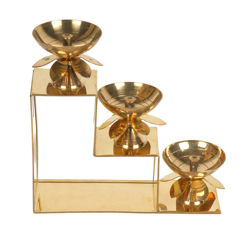 Handcrafted Traditional Brass 3-Tier Step Diya Stand | Lotus Multi-Level Altar Lamp
