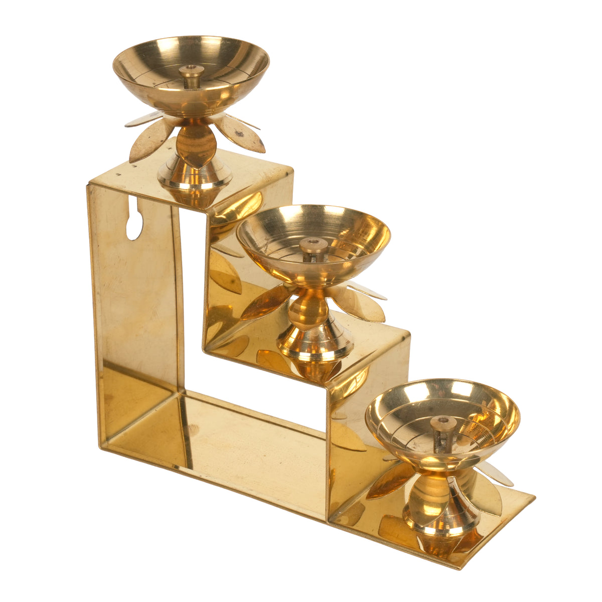 Handcrafted Traditional Brass 3-Tier Step Diya Stand | Lotus Multi-Level Altar Lamp
