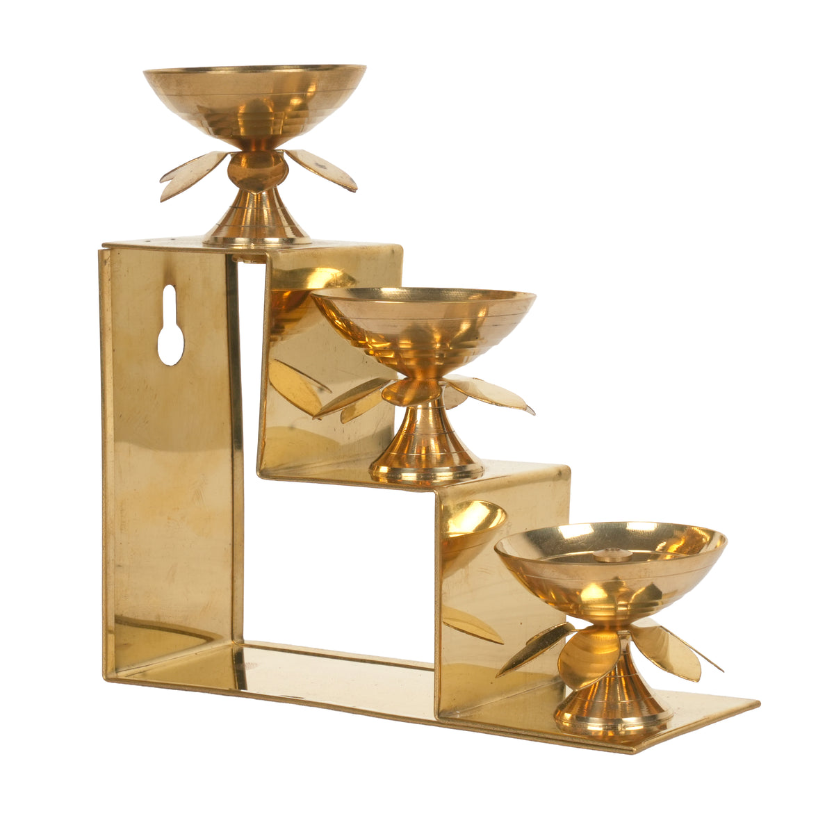 Handcrafted Traditional Brass 3-Tier Step Diya Stand | Lotus Multi-Level Altar Lamp