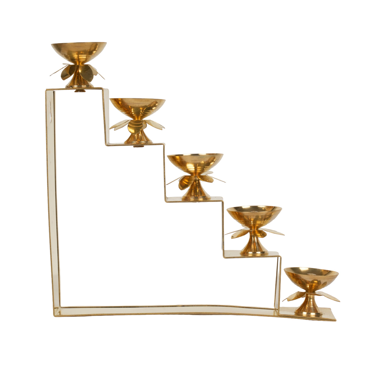 Handcrafted Traditional Brass 5-Tier Step Diya Stand | Lotus Multi-Level Wall Sconce