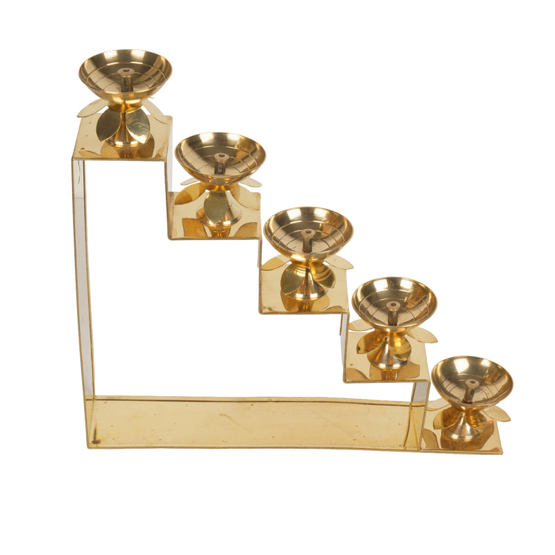 Handcrafted Traditional Brass 5-Tier Step Diya Stand | Lotus Multi-Level Wall Sconce