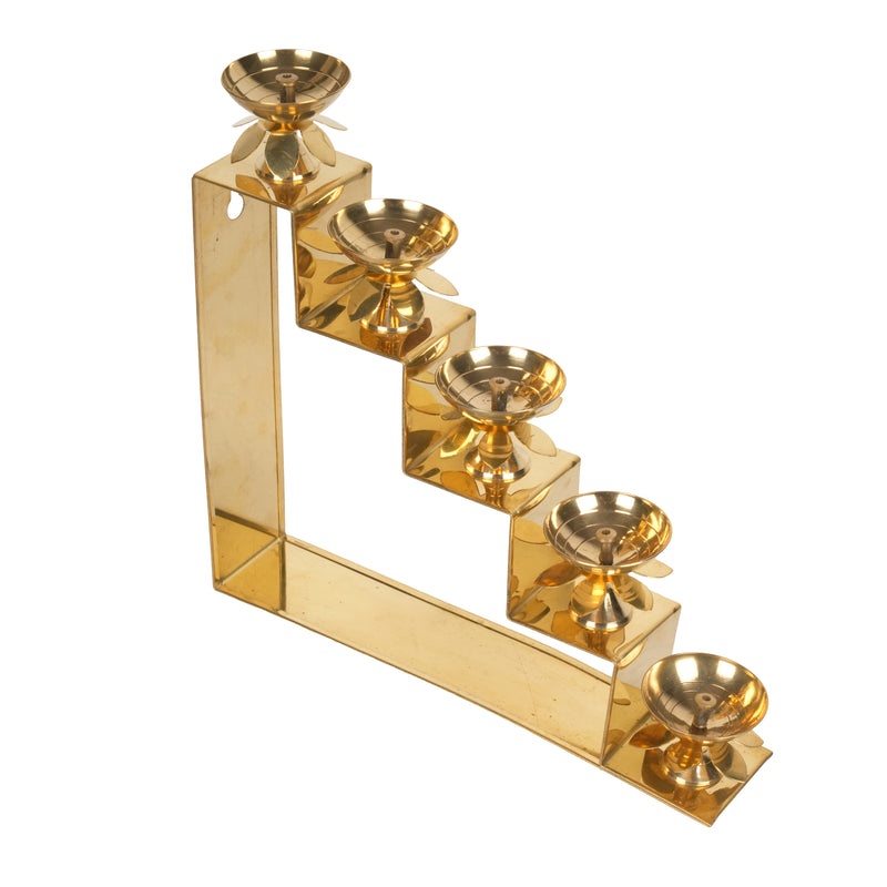 Handcrafted Traditional Brass 5-Tier Step Diya Stand | Lotus Multi-Level Wall Sconce